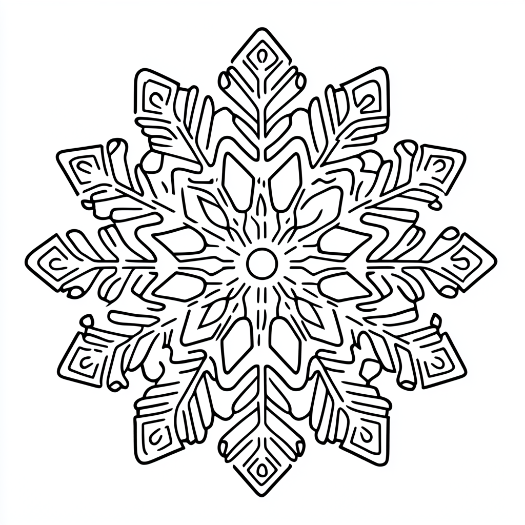 Coloring page of symmetrical snowflake for beginners.