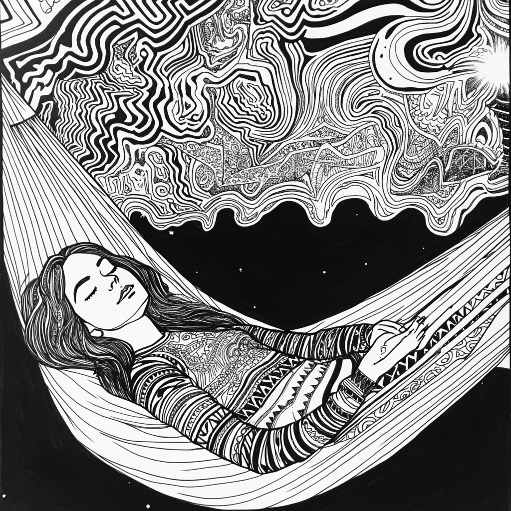 Coloring page of woman in hammock with designs