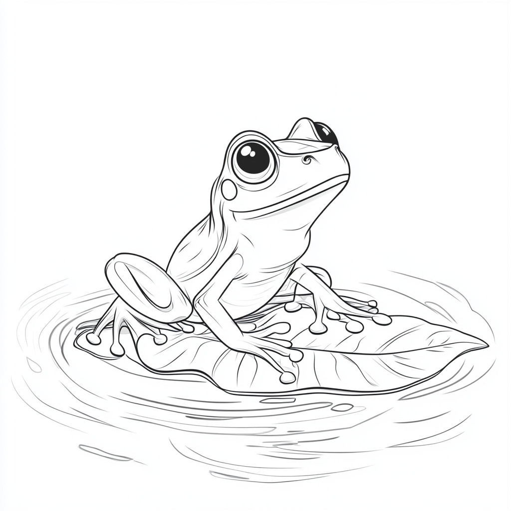 Coloring page with a cute frog on a leaf.