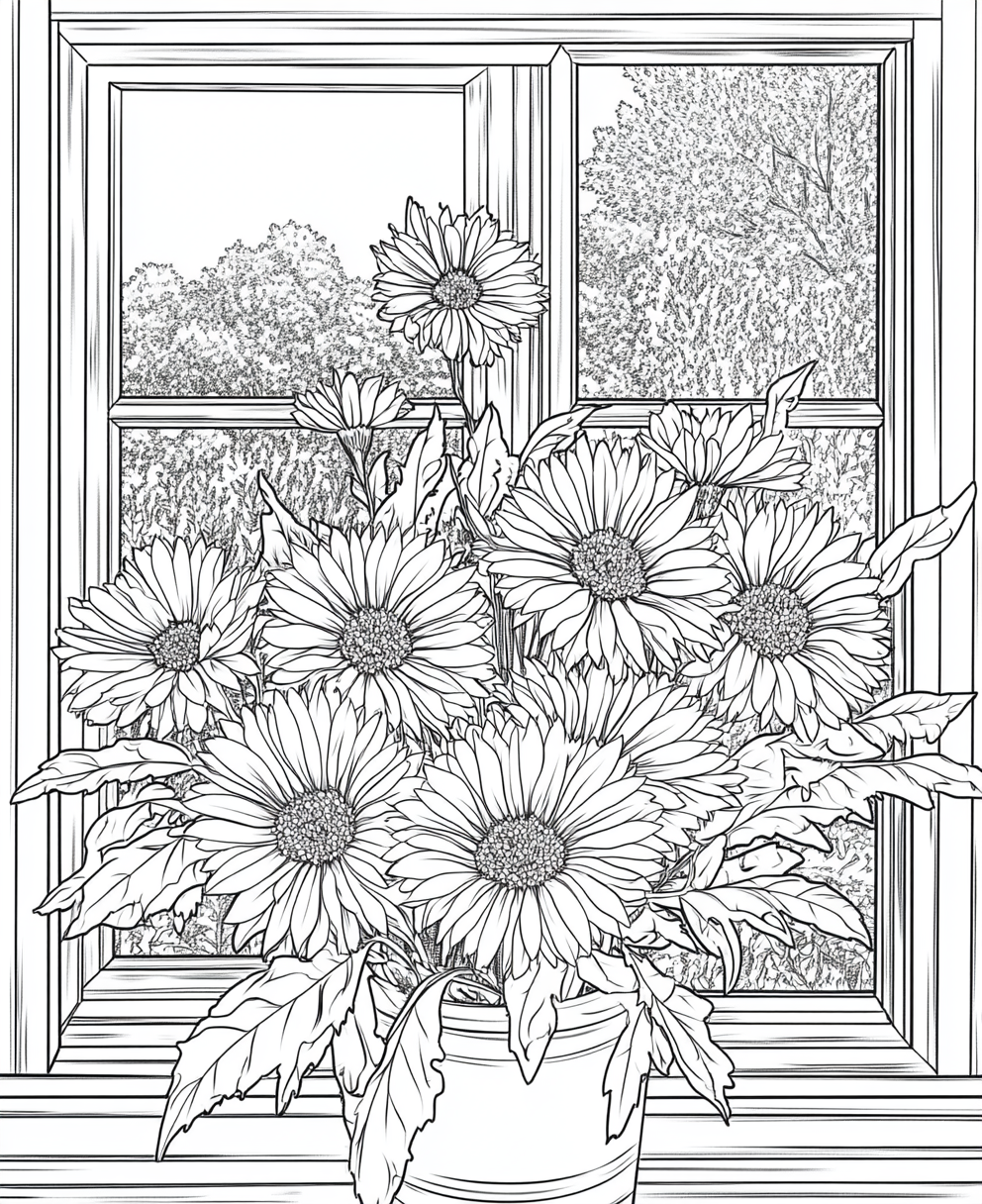 Coloring page with calendula bouquet by window for adults.