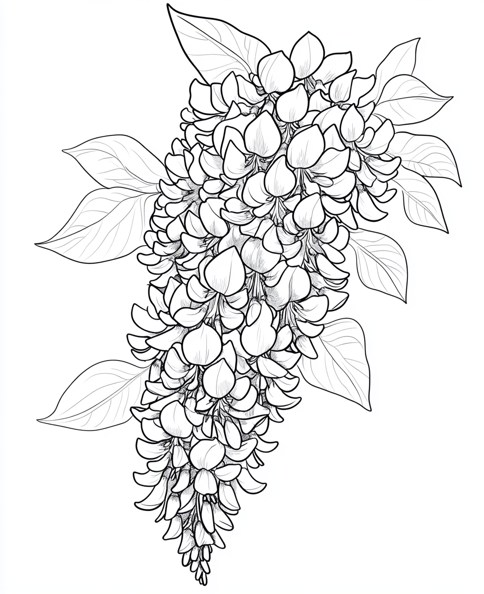 Coloring page with large wisteria plant for adults.