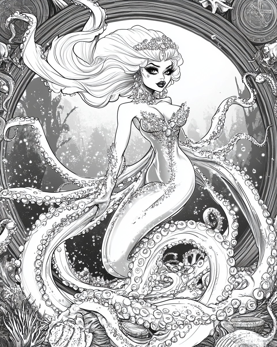 Coloring page: Beautiful Sea Witch with glossy octopus tentacles, jewels.