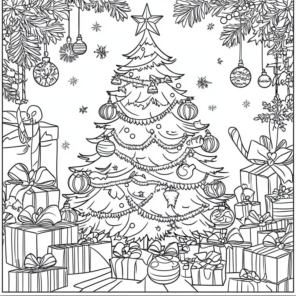 Coloring page: Christmas tree with presents for adults