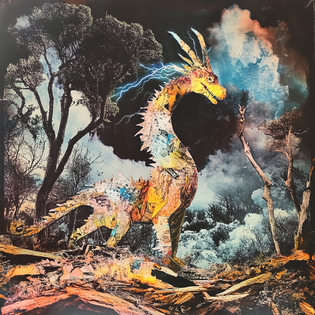 Colorized risograph collage of a lightning dragon, trees.