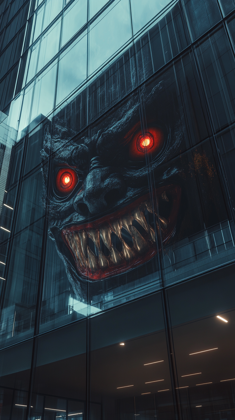 Colossal oni mask yokai reflected ominously in building.