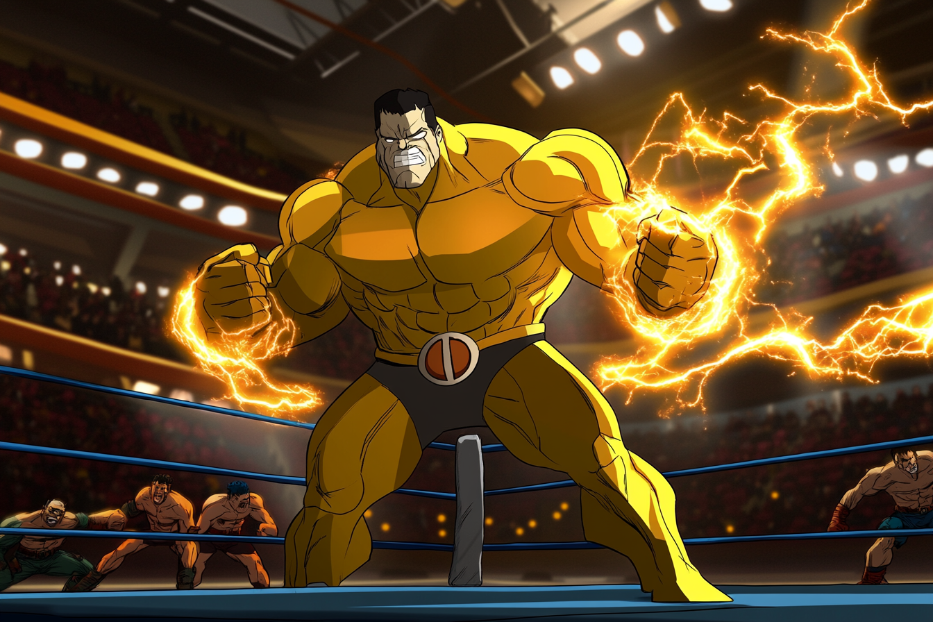 Colossus strikes golden pose in animated boxing ring.