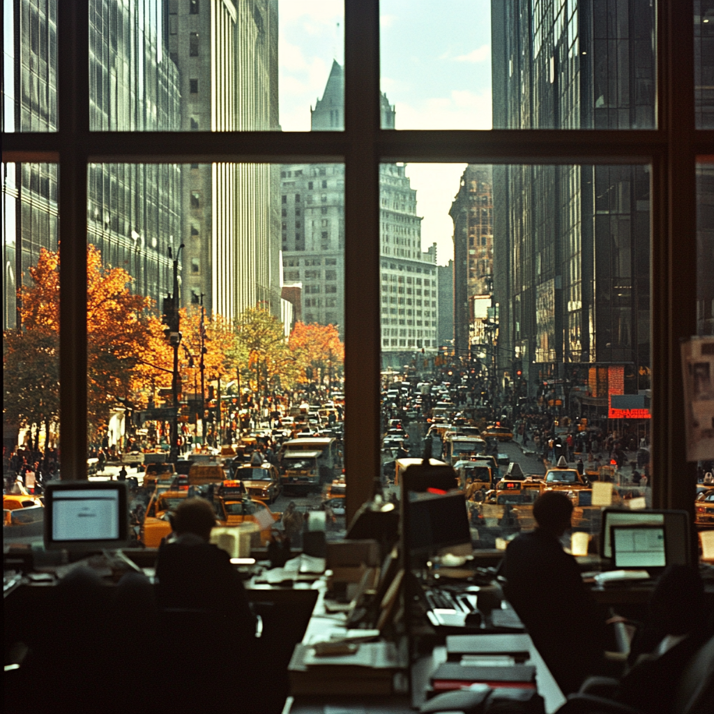 Colour film street photography of busy NYC in 80s.