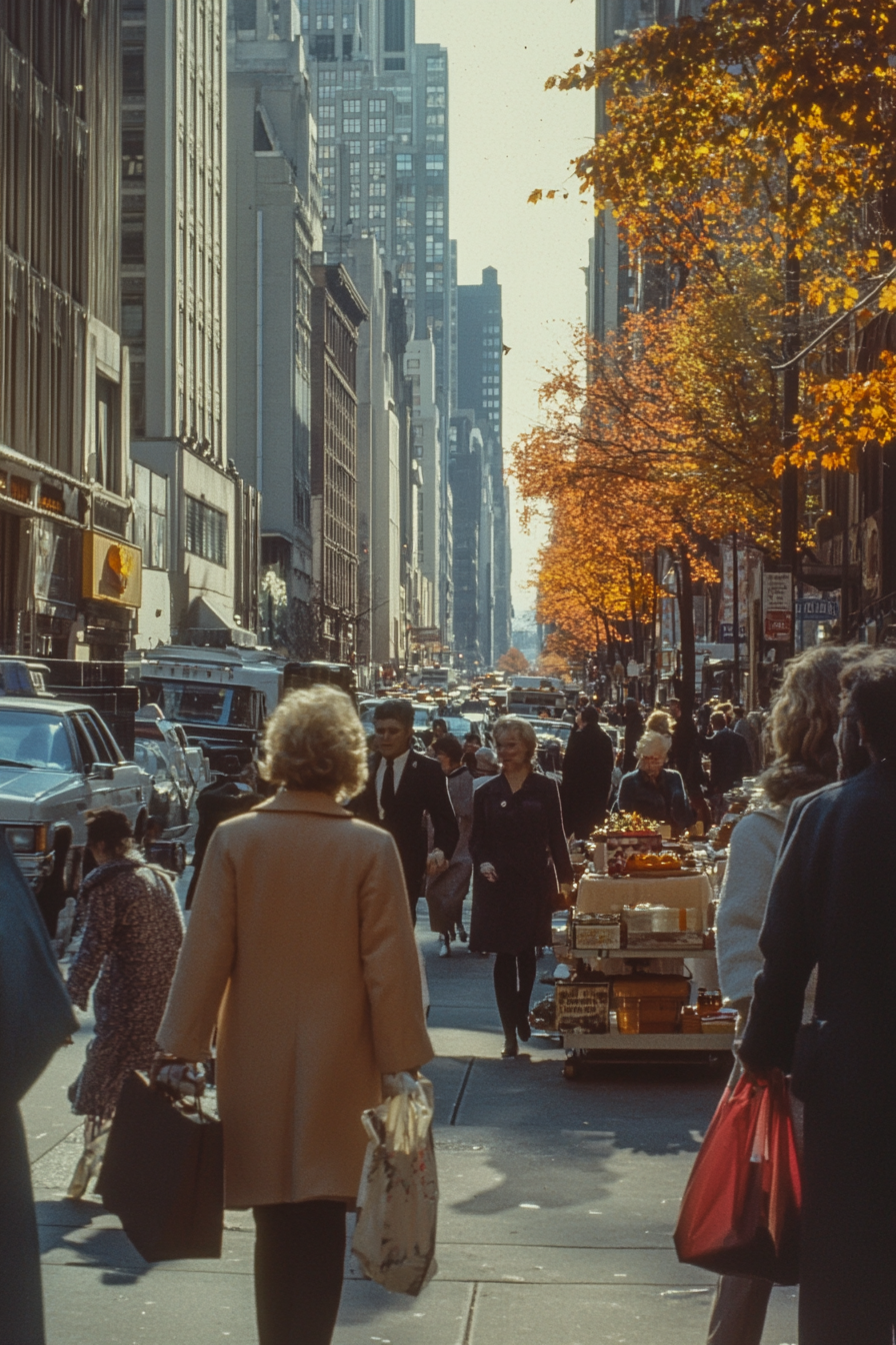 Colour street photography capturing 1980s NYC hustle and bustle.