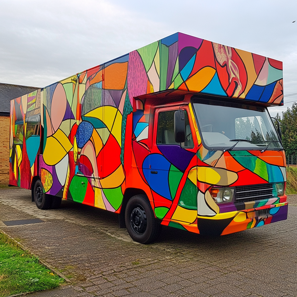 Colourful, artistic, graphic wrap on 7.5 tonne UK lorry.