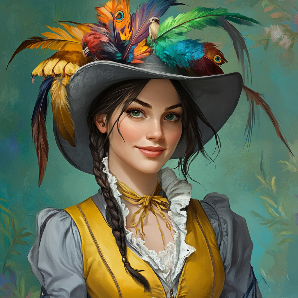 Colourful feathered hat on Caucasian woman in western attire, smiling.