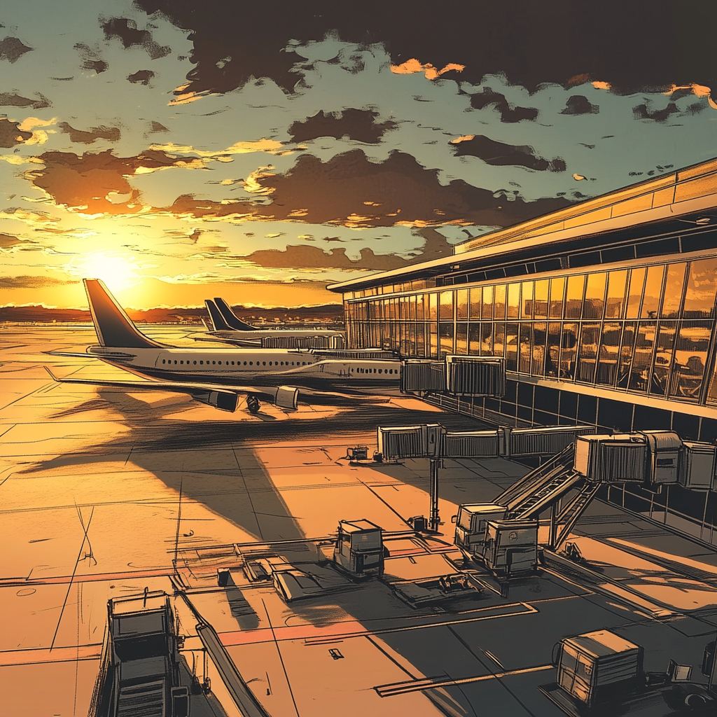 Comic Book: Modern Airport with Jet Bridges