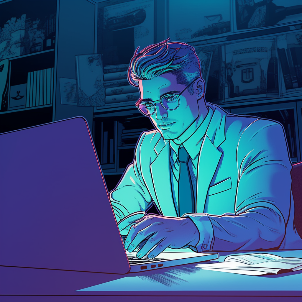 Comic book illustration of confident real estate agent typing.