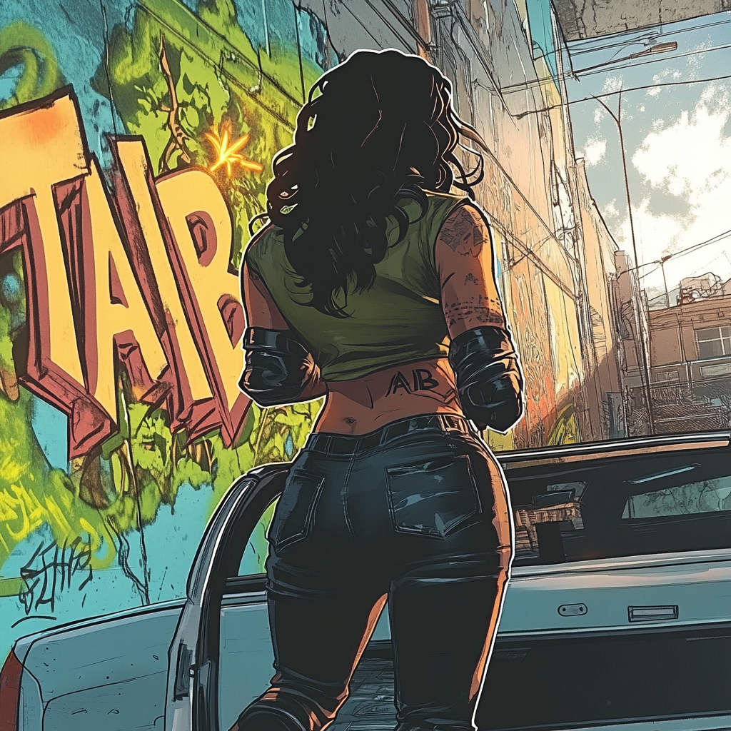 Comic book style: Latina woman loaded into police cruiser.