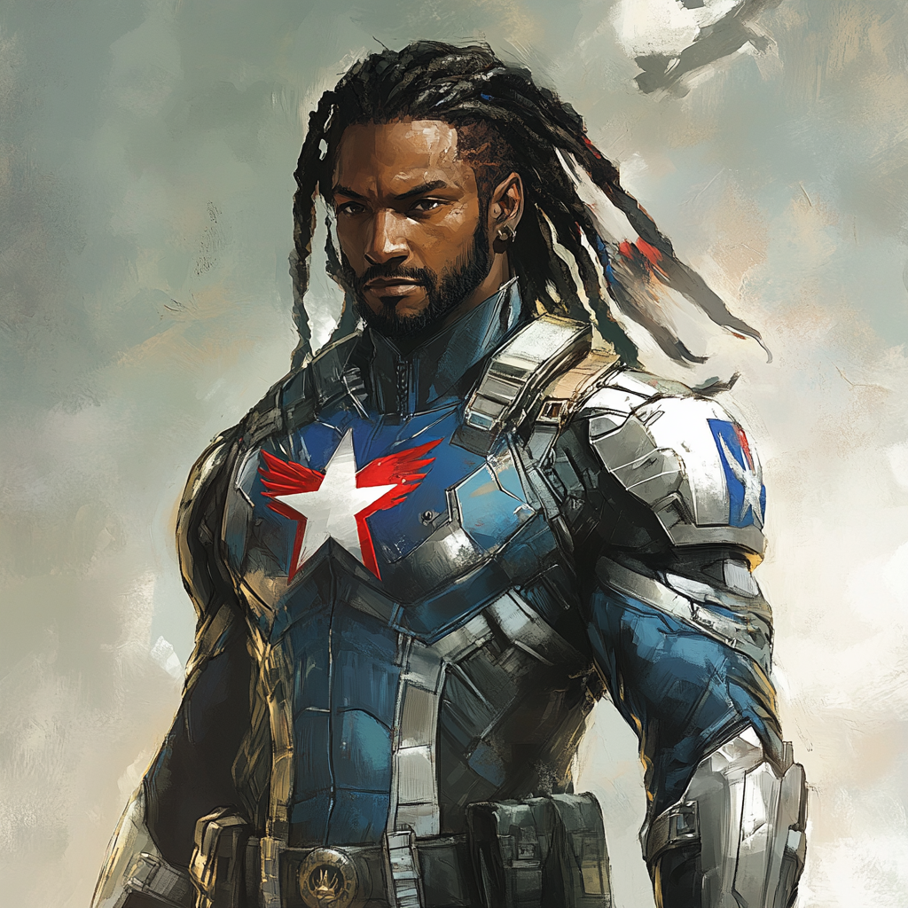 Comic character with dreads in patriotic costume. Phoenix symbol.