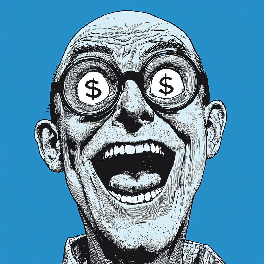 Comic man with glasses, laughing with dollar eyes.