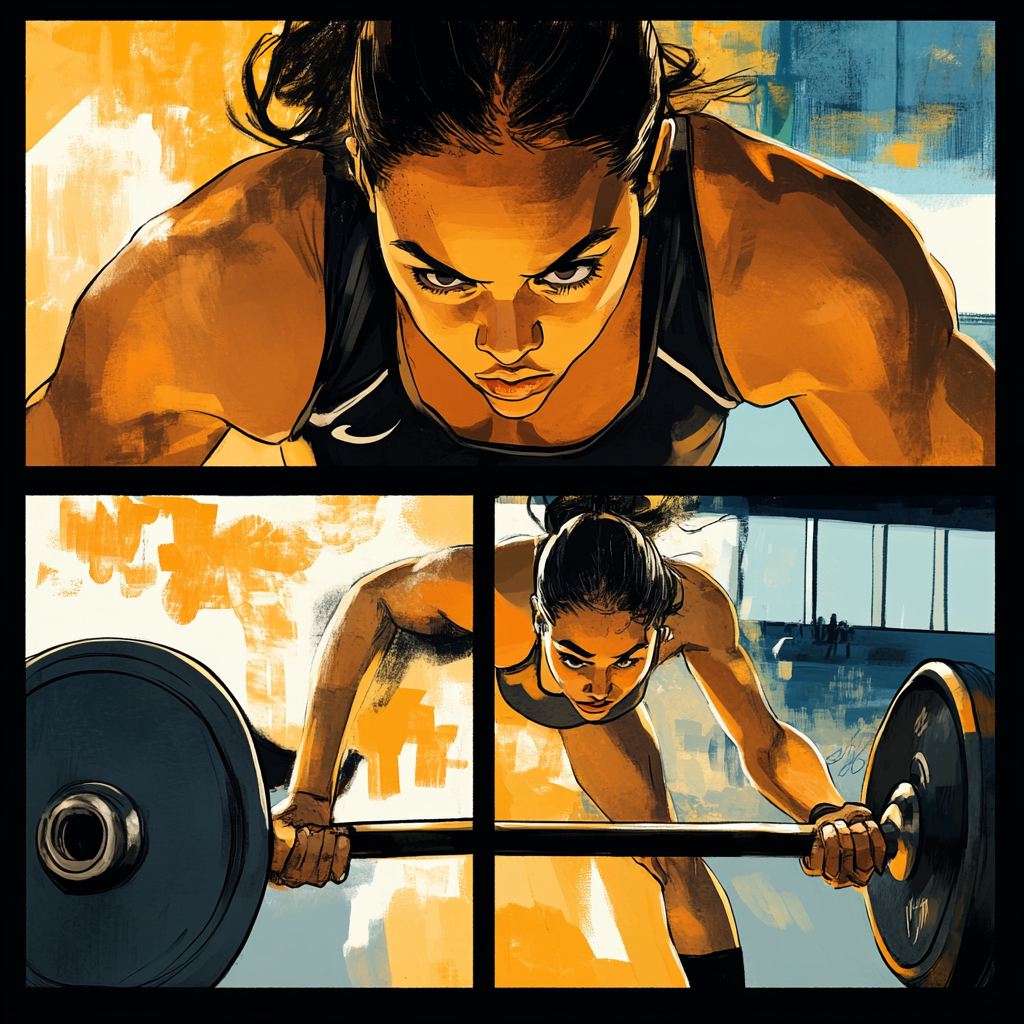 Comic page of female weight lifter at Olympics.