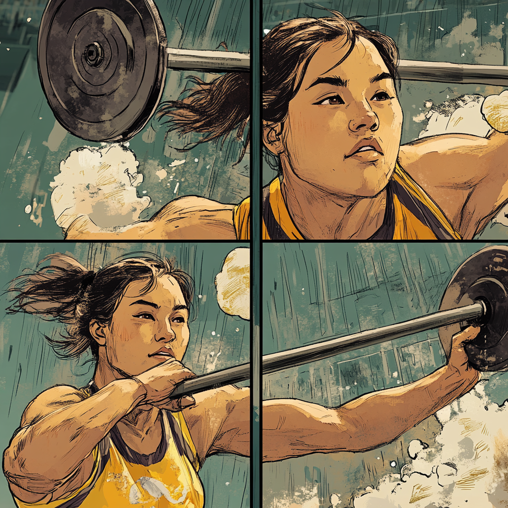 Comic page of female weight lifter at Tokyo Olympics.