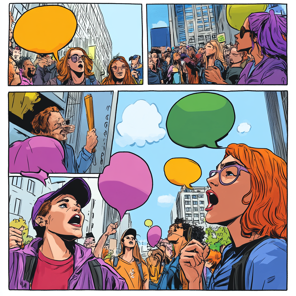 Comic page of transgender protest with dynamic panels.