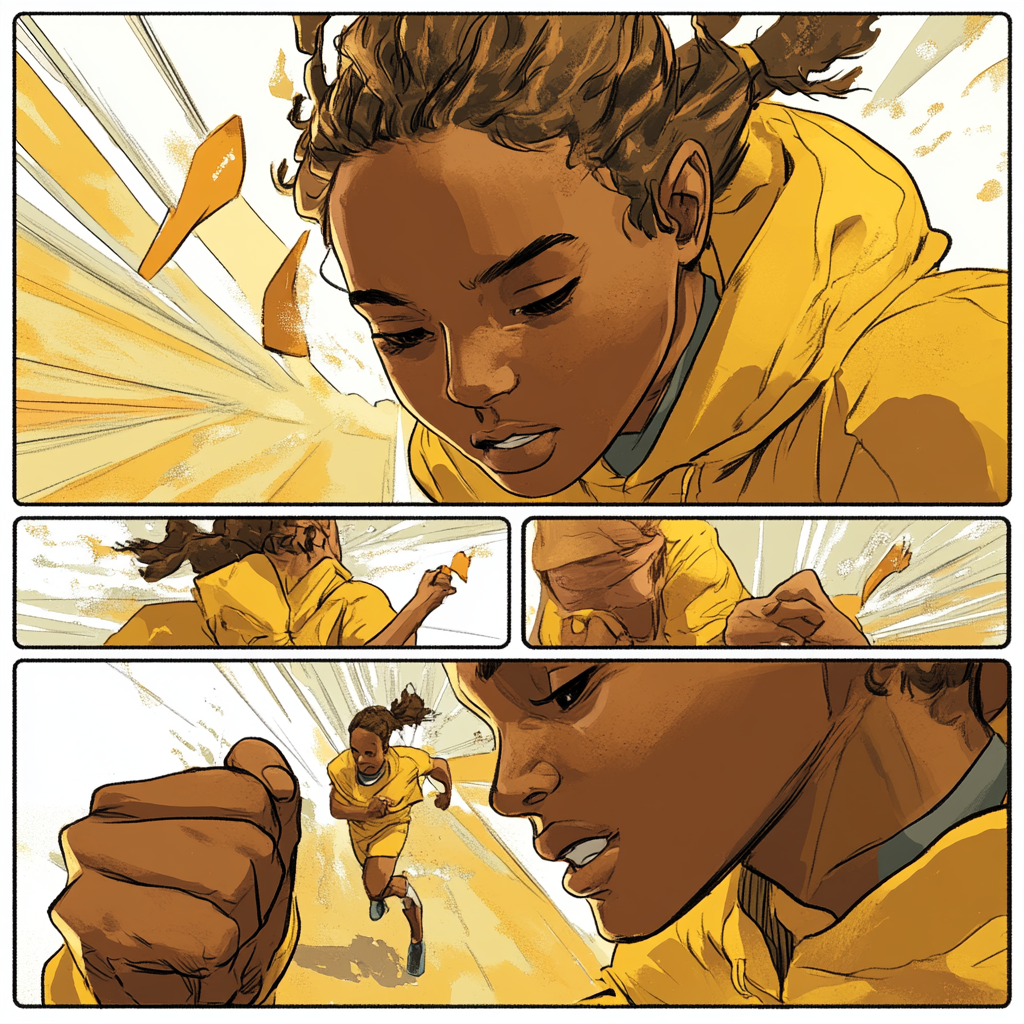 Comic page with transgender athlete winning in excitement.