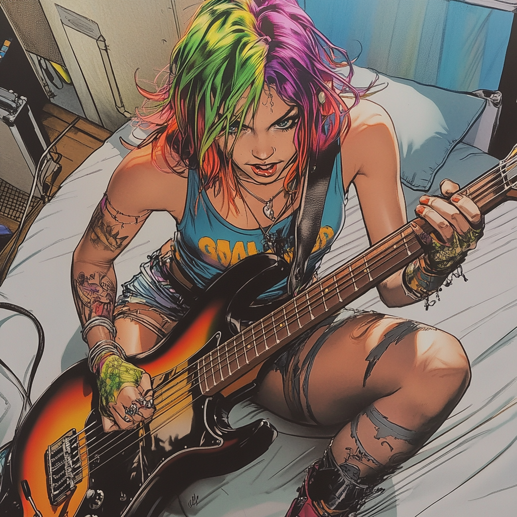 Comic panel of punk girl pretending to play guitar.