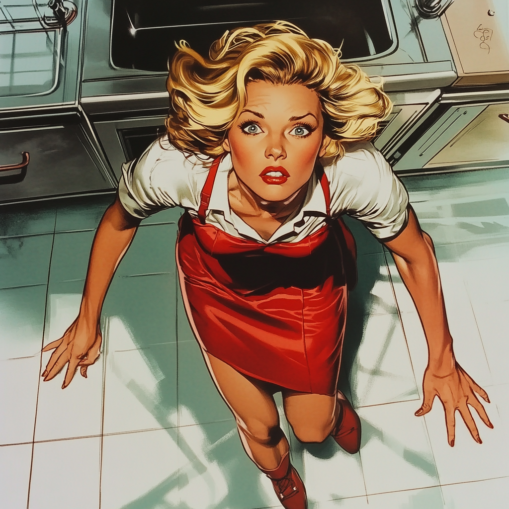 Comic panel: Cameron Diaz as housewife falls forward.