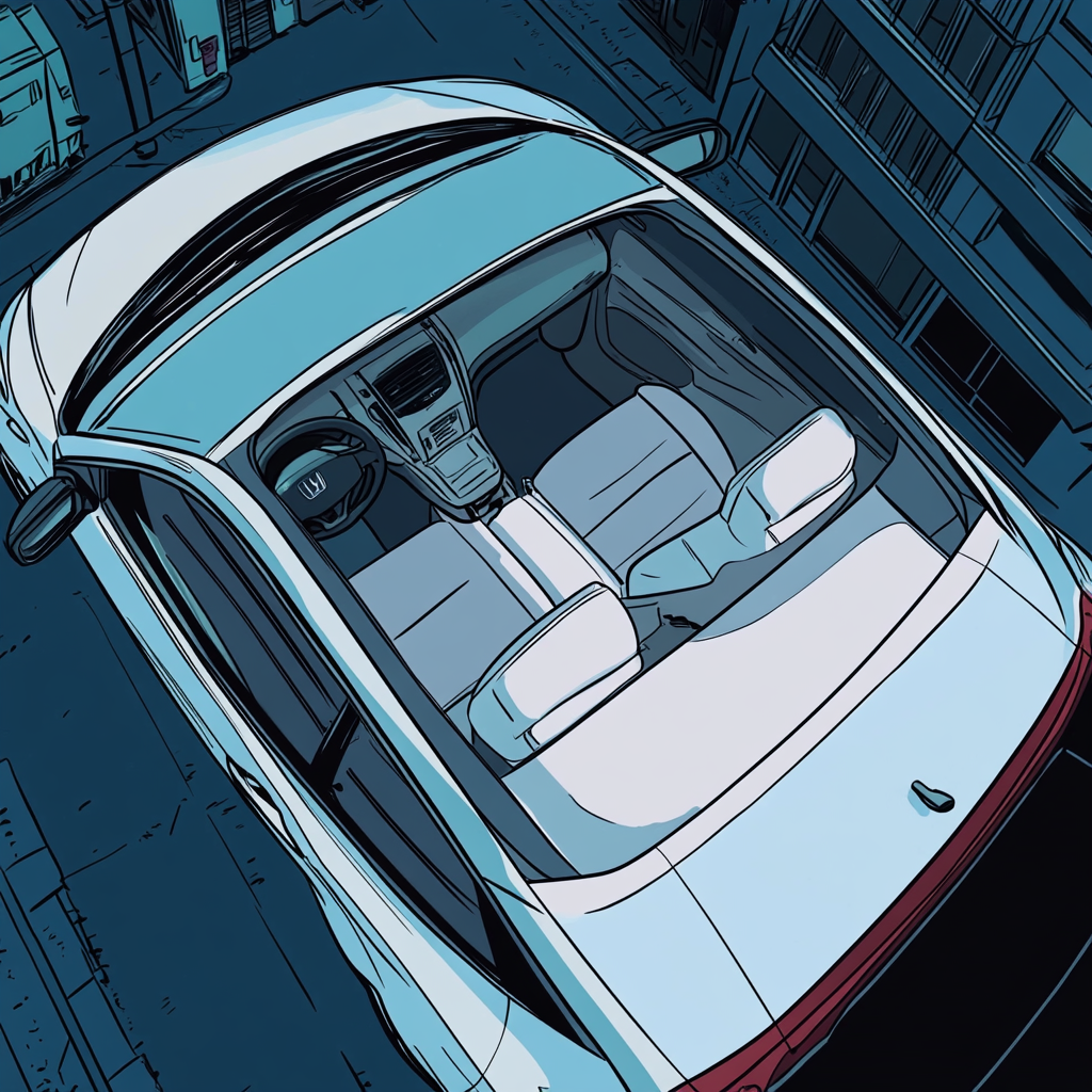 Comic-style white Honda illustration, seat open, midnight view.