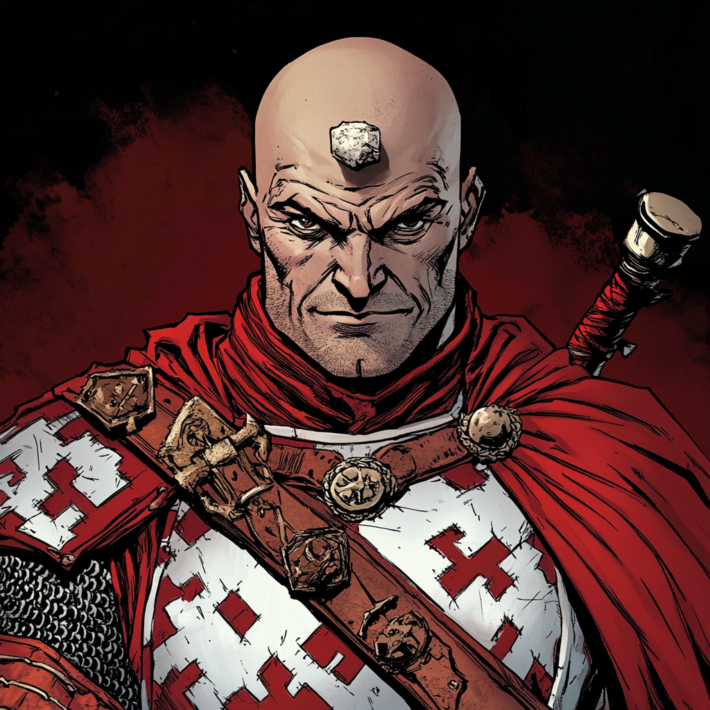 Comic style: Bald man in robe with stone and warhammer.