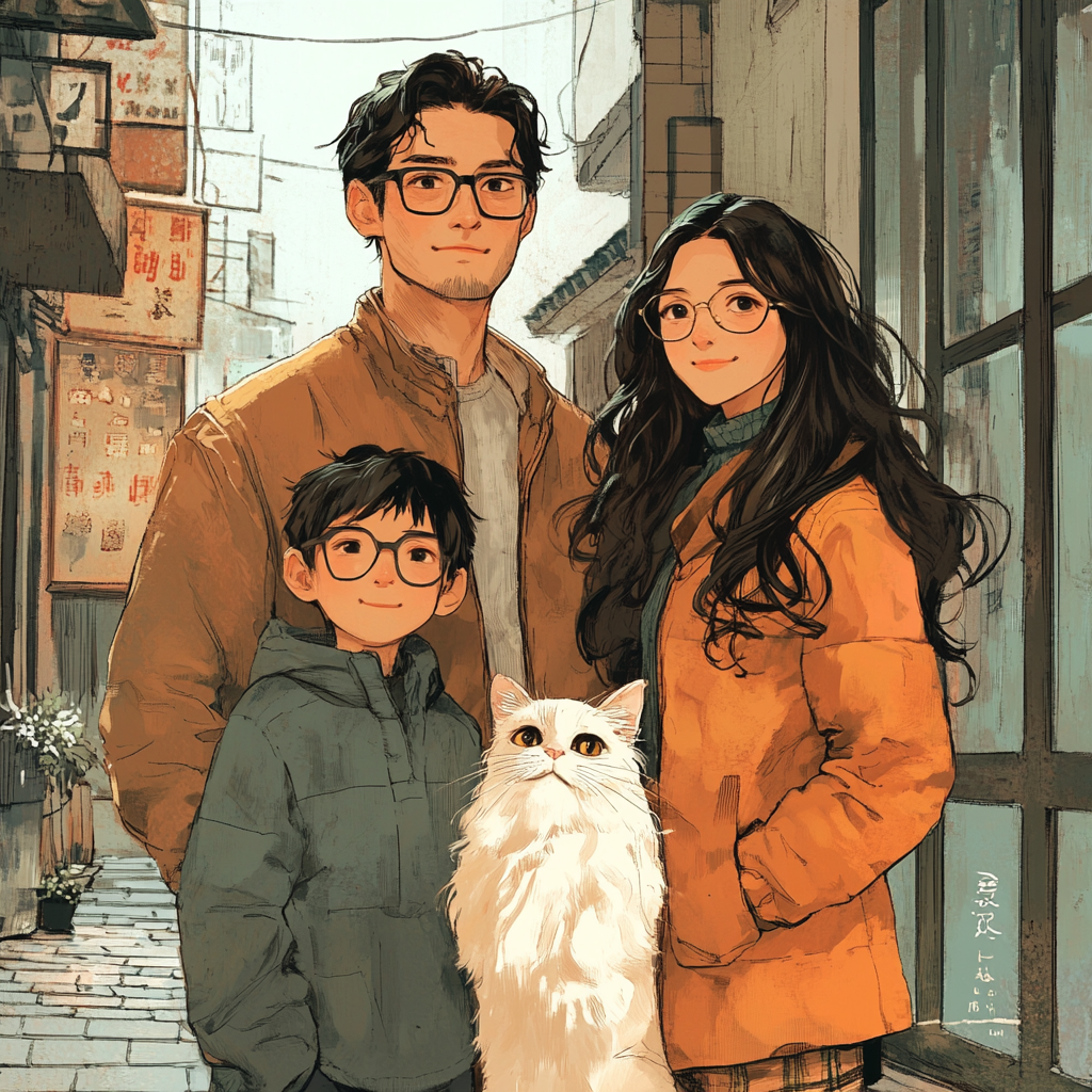 Comic: Chinese family of four with cat, glasses, long hair.