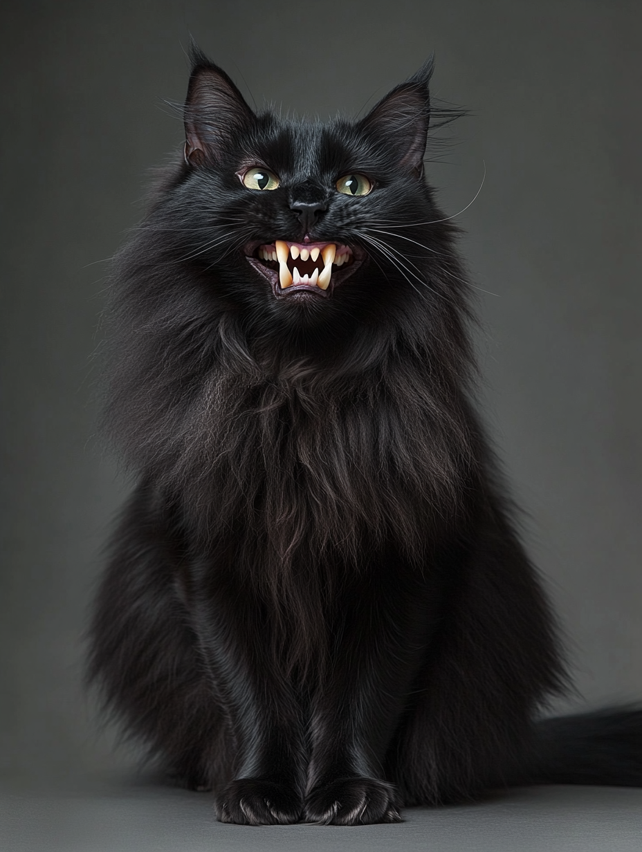 Comical black cat with human teeth smiling widely.