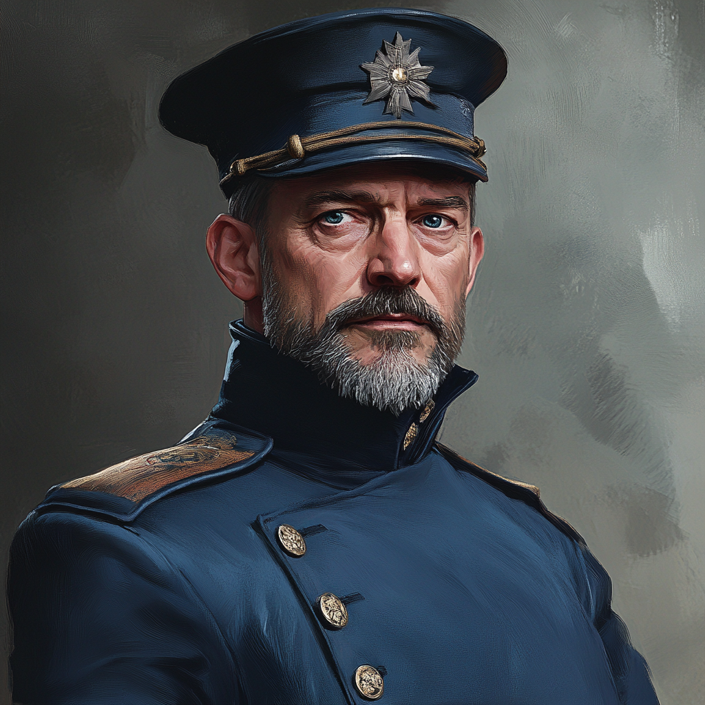 Commanding man in 40s with steely blue eyes, military uniform.