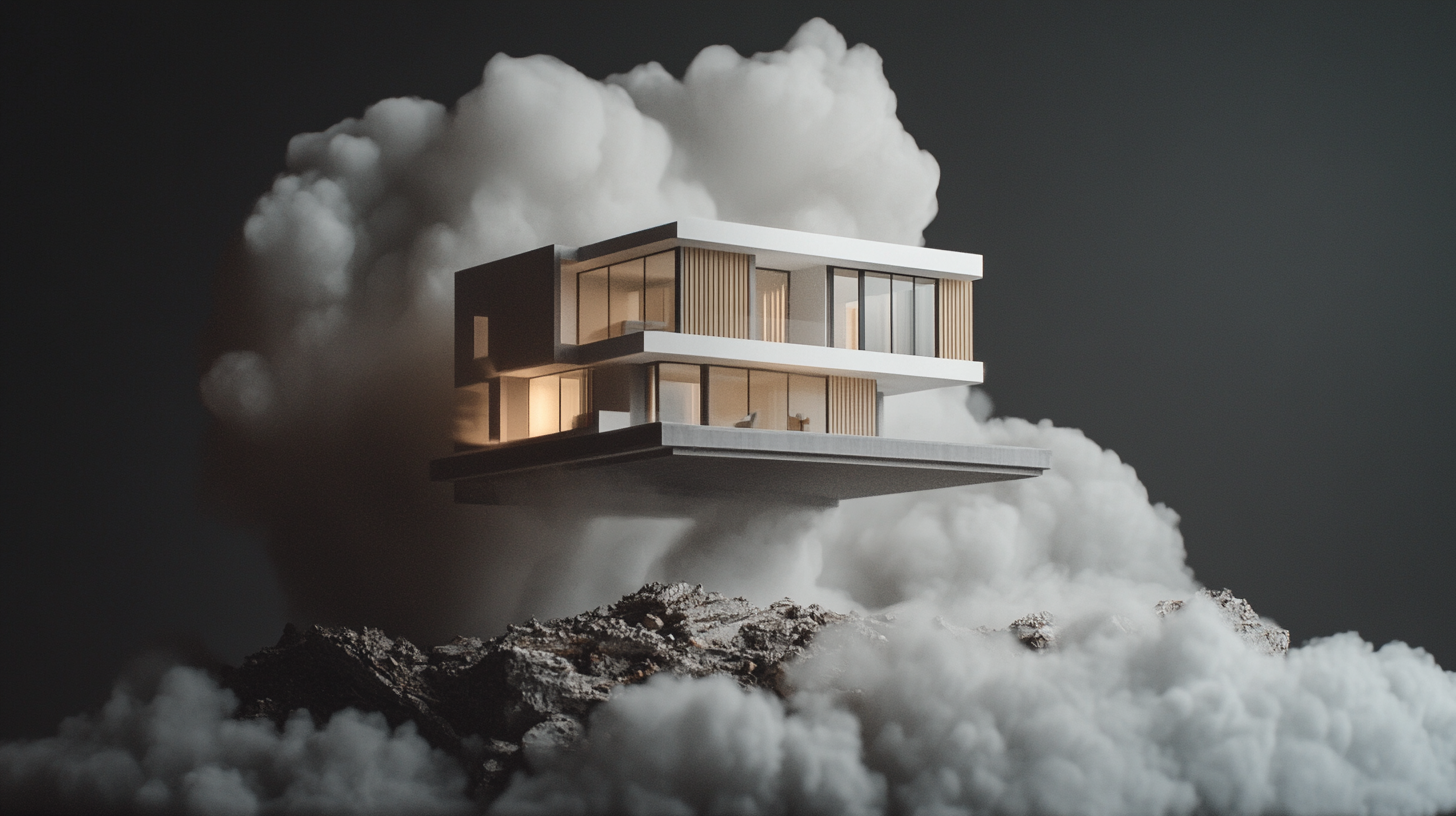 Commercial image of levitating modern house model. Smoke background.