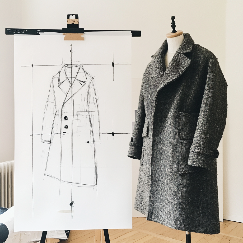 Compare sketch of wool coat to actual garment.