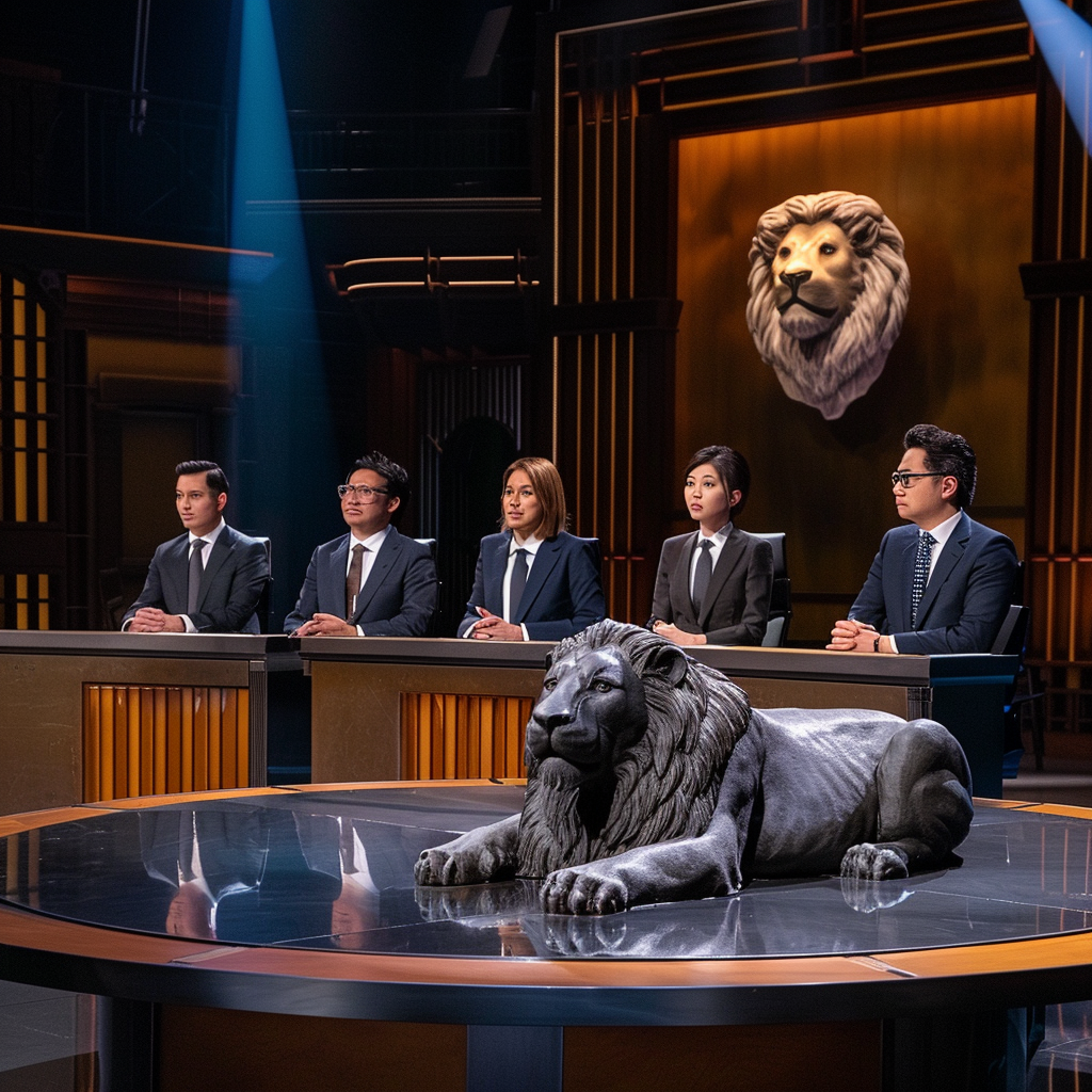 Competition TV show with judges, lion statue prop.