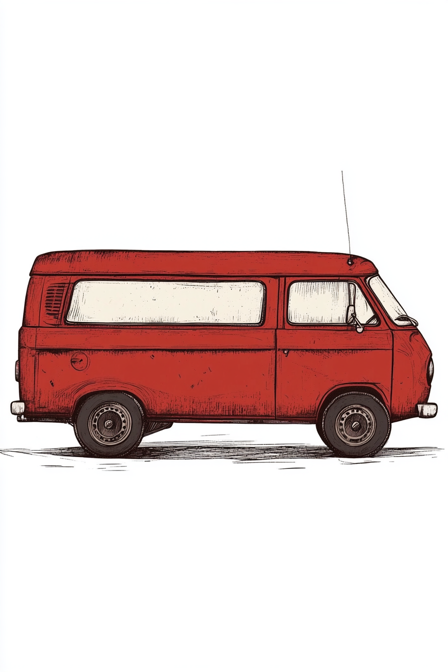 Complete side profile vintage red van illustration.