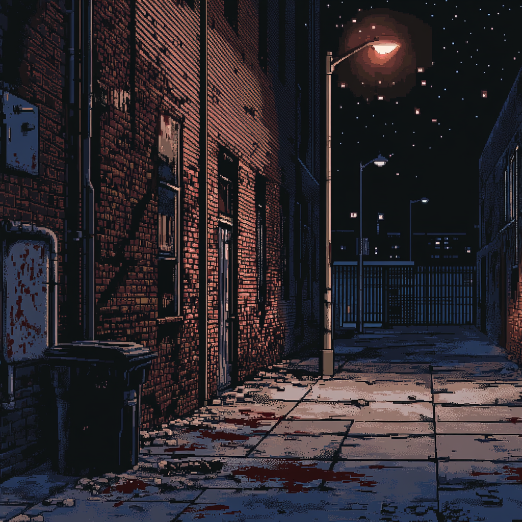 Completed horror-themed side-scroller video game sidewalk view