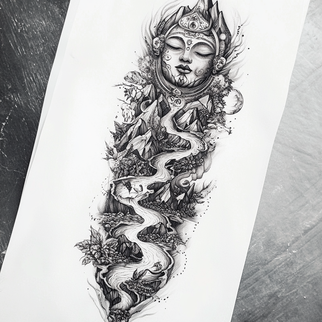 Complex tattoo design of Andean goddess with natural elements.