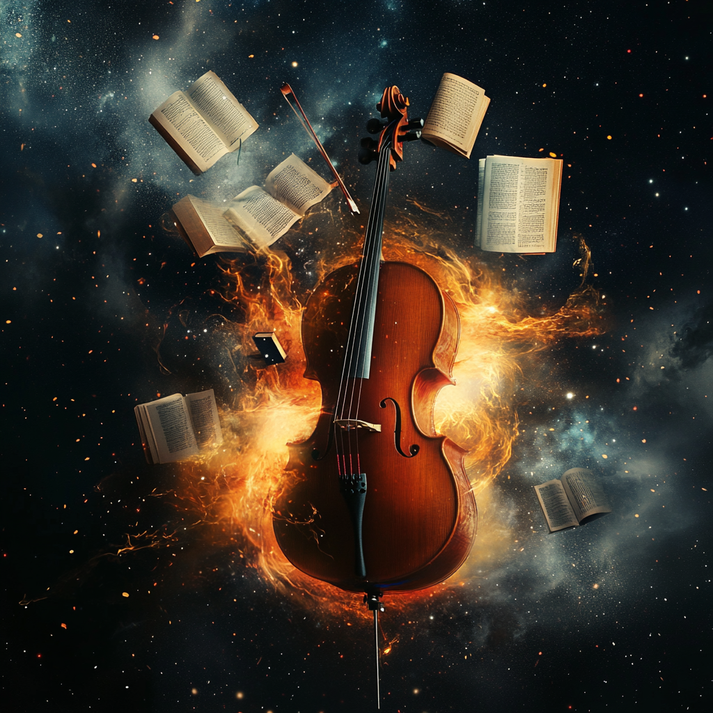 Composition of Cello and flying books in outer space.