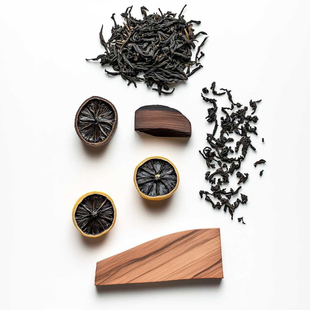 Composition of black tea, lemon, and wood for candles.