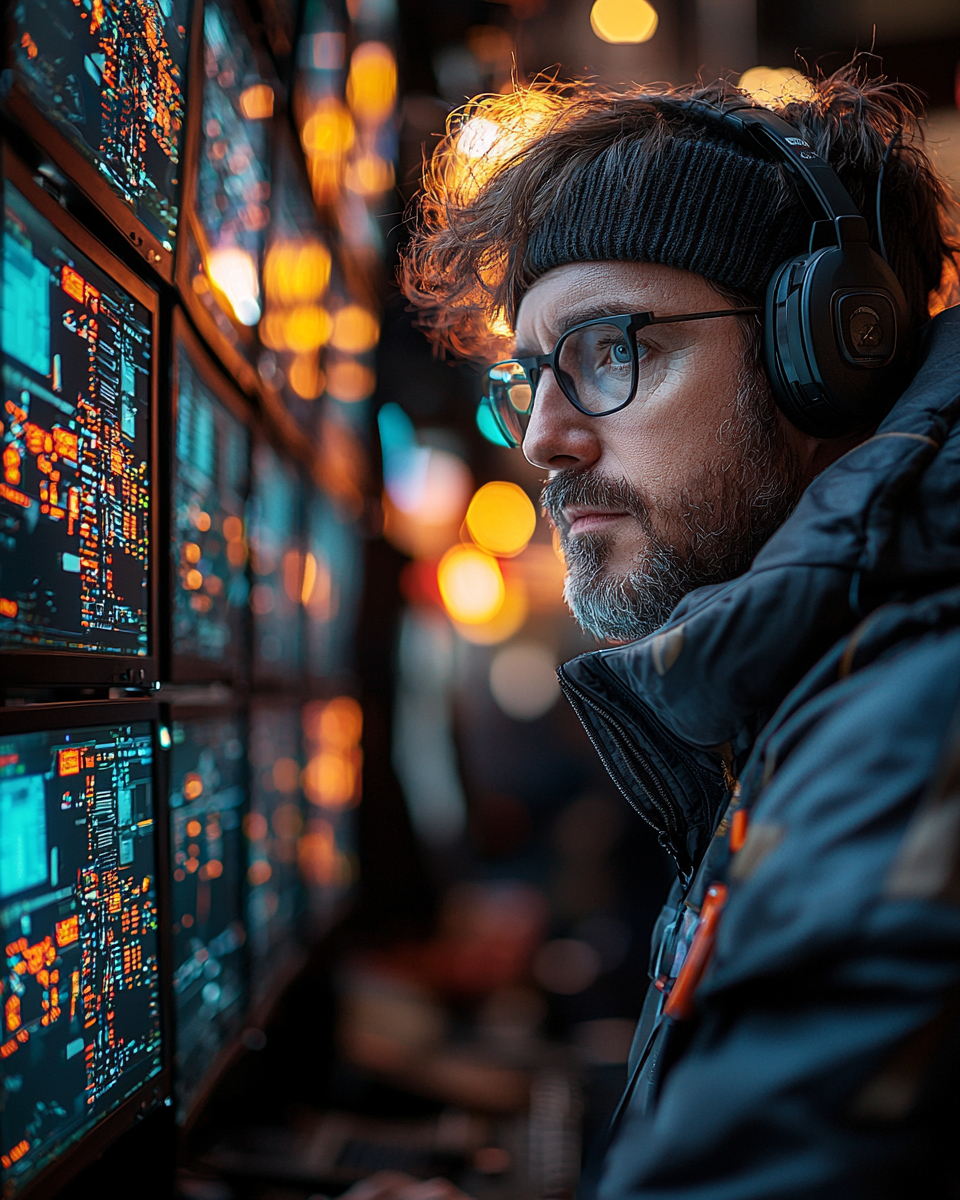 Computer engineer working with team in control room