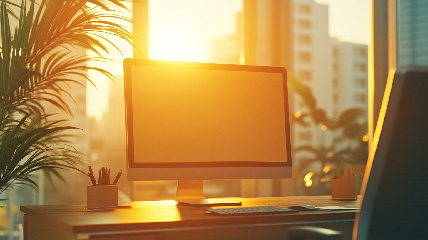 Computer monitor on desk in executive office.