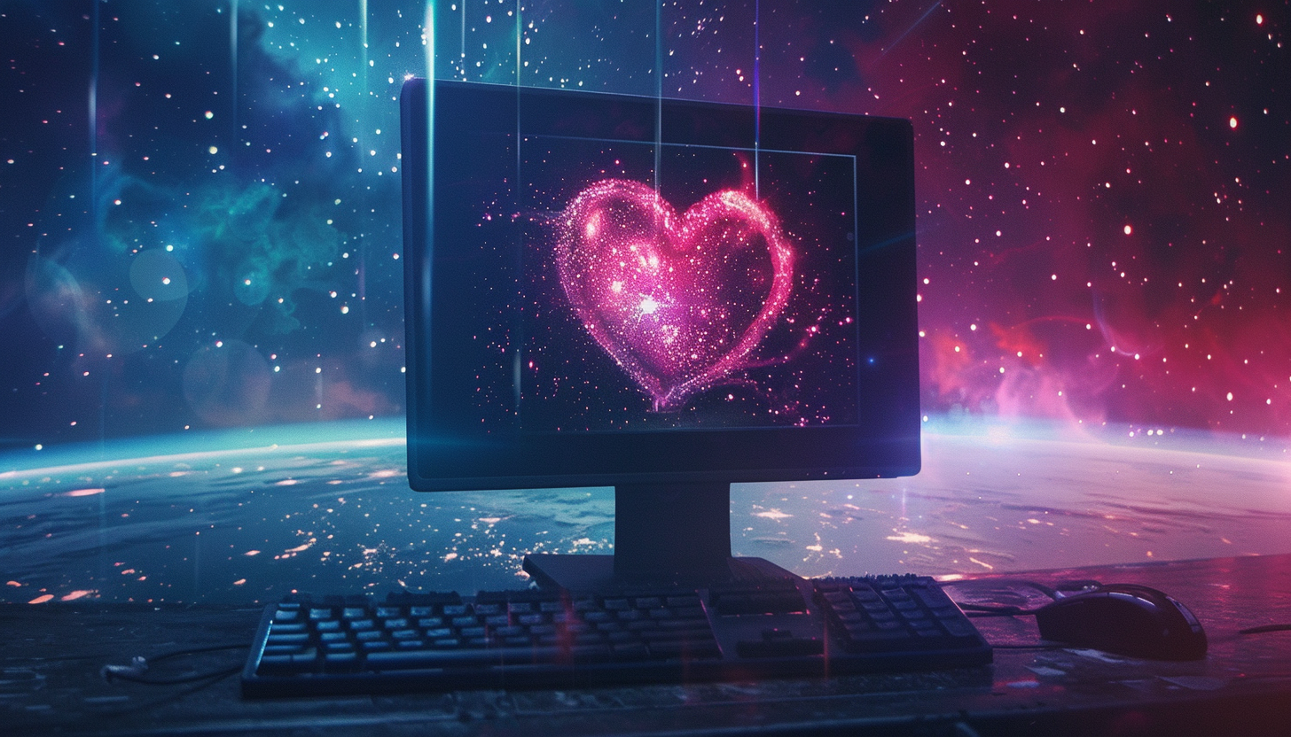 Computer with heart sending energy beams into space