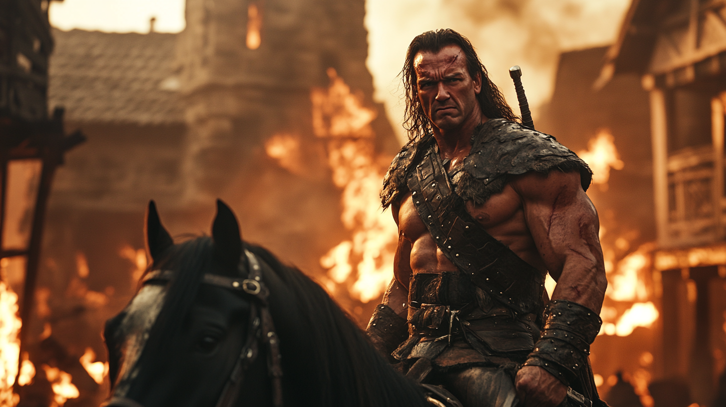 Conan the Barbarian on horse with massive sword