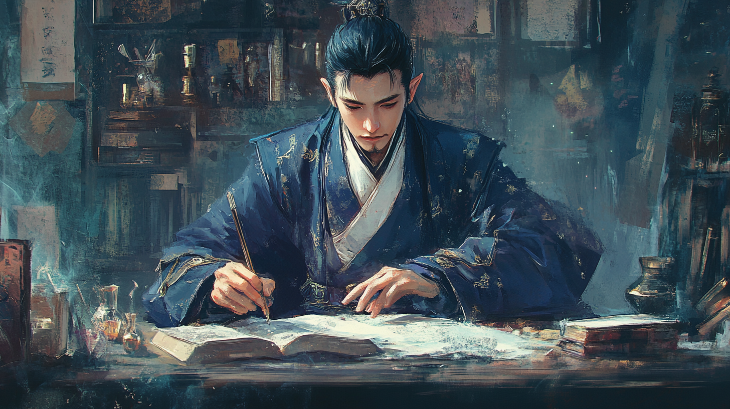 Concentrated Asian wizard apprentice in navy robes