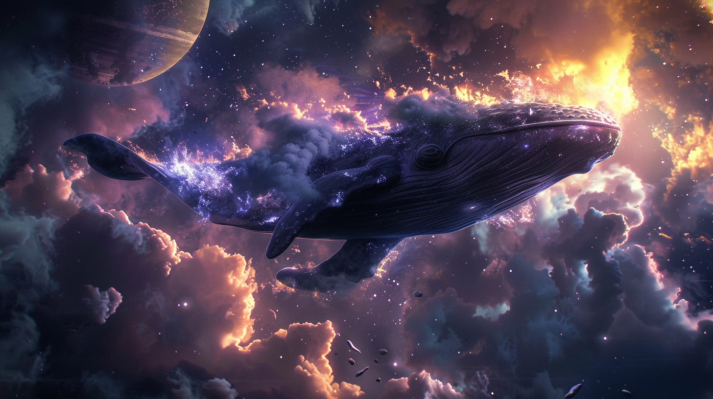 Concept art of space whale emerging from Jupiter.