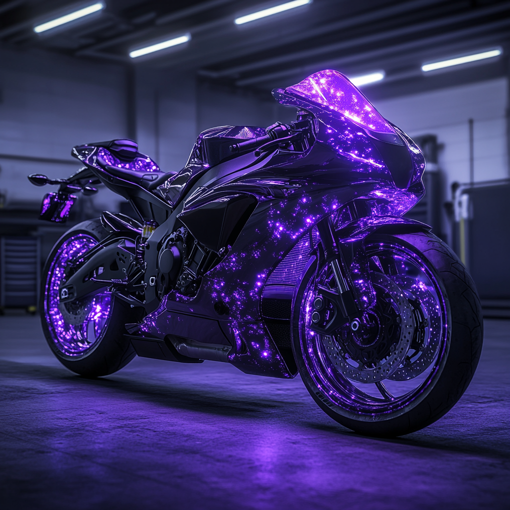 Concept motorcycle styled after Yamaha R3, black with purple.