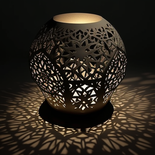 Concrete and silver candle stand with moqarnasat patterns reflecting light.