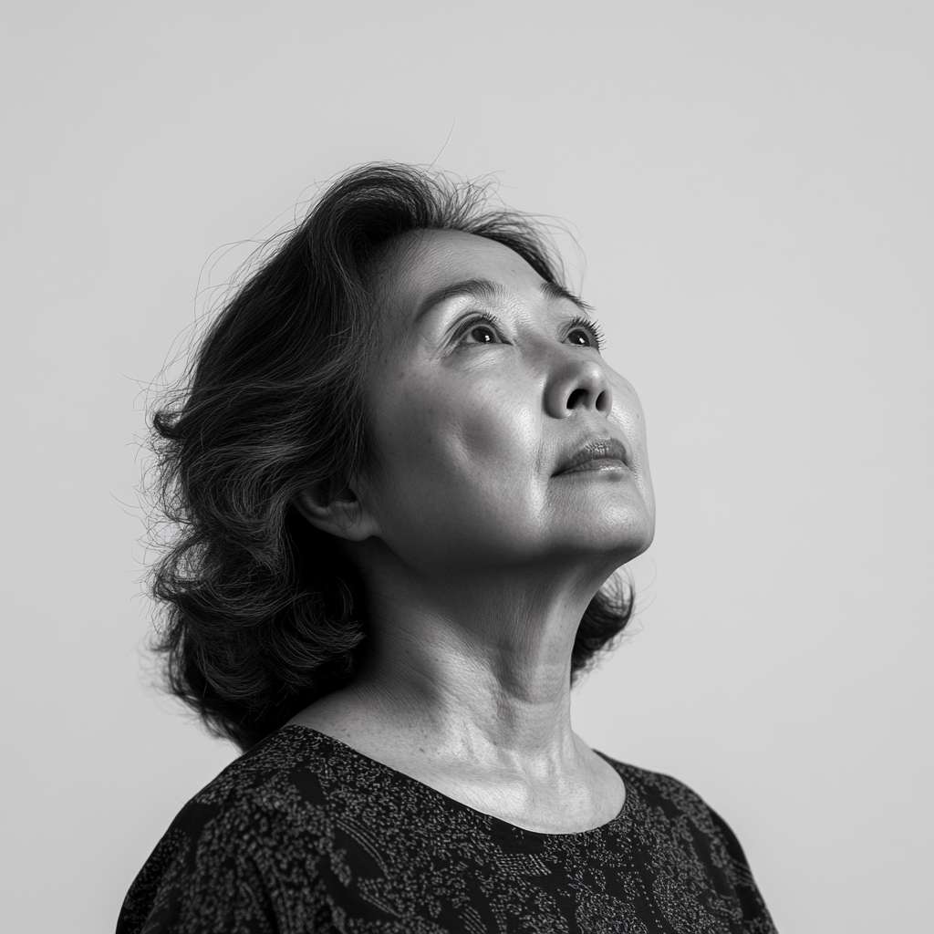 Confident 59-Year-Old Asian Woman in Black and White