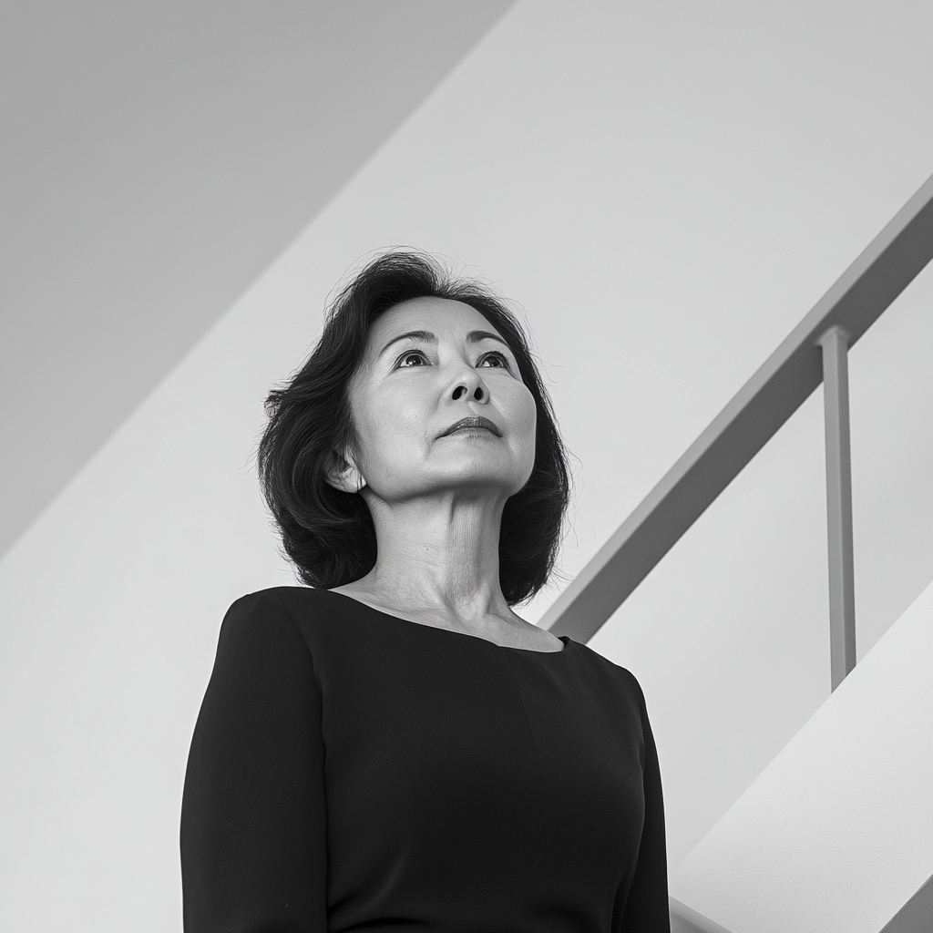 Confident 59-Year-Old Asian Woman on Stairs, Nikon 4k 