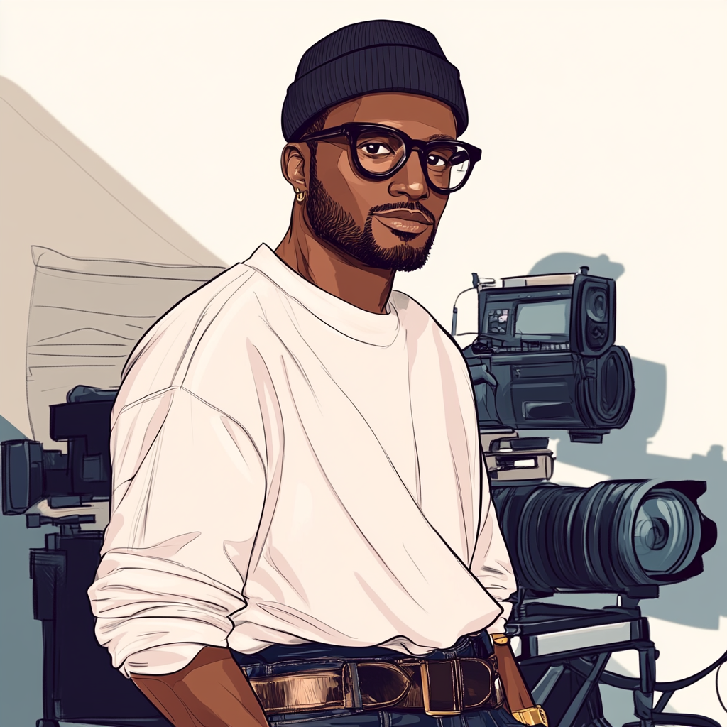 Confident African American film director on set.