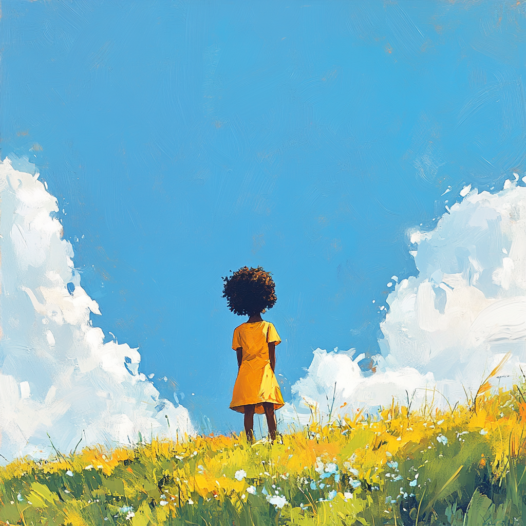 Confident Black Girl on Hill under Blue Sky